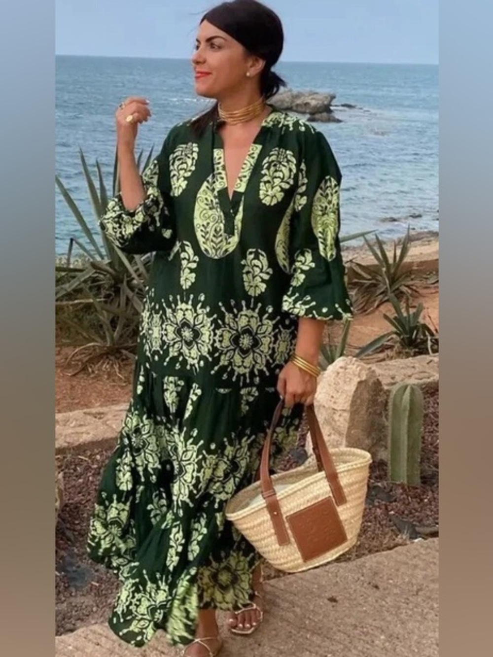 Zara Green Printed Panel Tired Dress - Picture 6 of 15